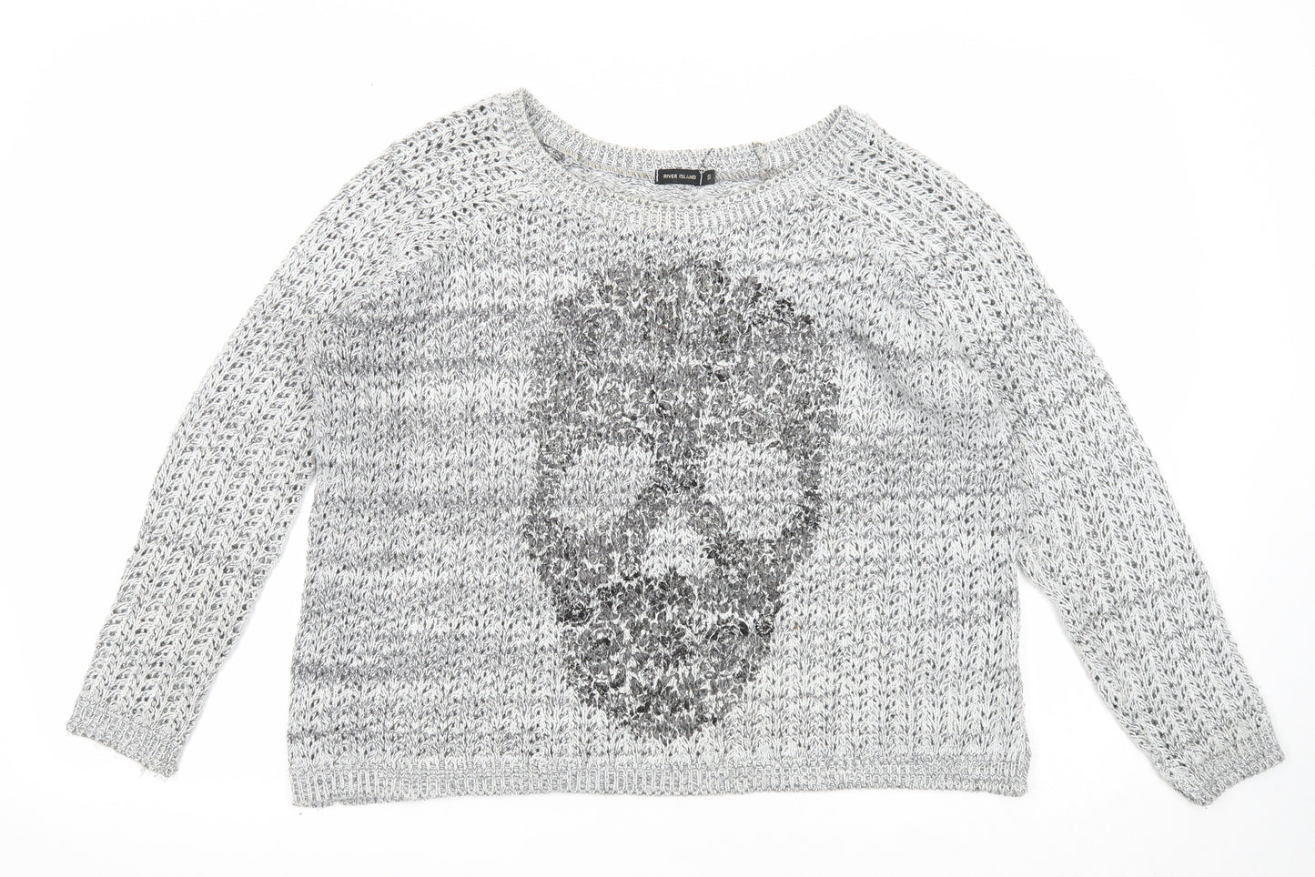 River Island Womens Silver Round Neck Acrylic Pullover Jumper Size 10 - Skull