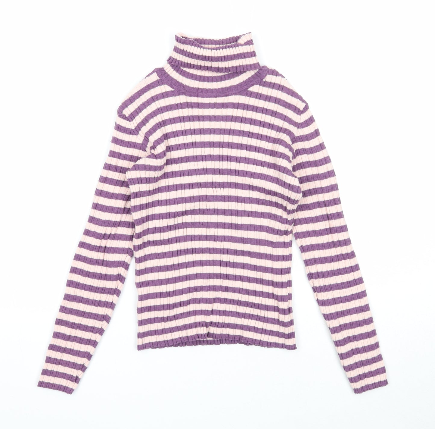 Nutmeg Girls Purple Roll Neck Striped Cotton Pullover Jumper Size 9-10 Years Pullover