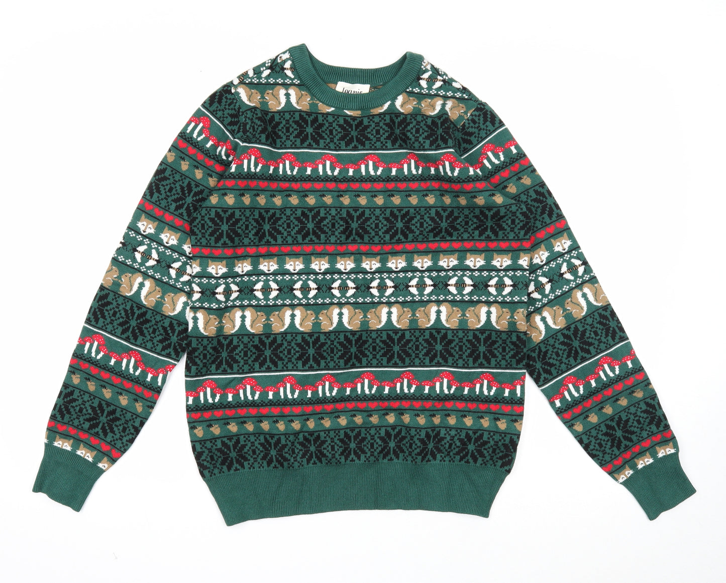 Joanie Mens Green Round Neck Fair Isle Modal Pullover Jumper Size S Long Sleeve - Woodland Animal Print