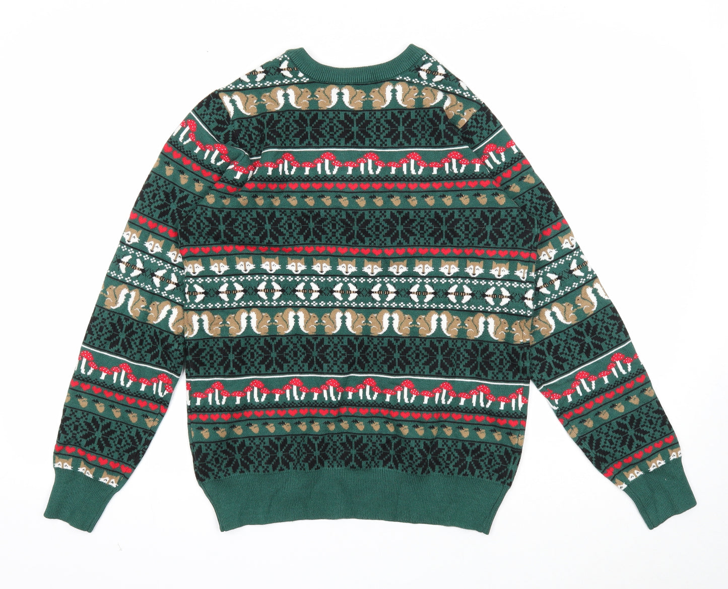 Joanie Mens Green Round Neck Fair Isle Modal Pullover Jumper Size S Long Sleeve - Woodland Animal Print