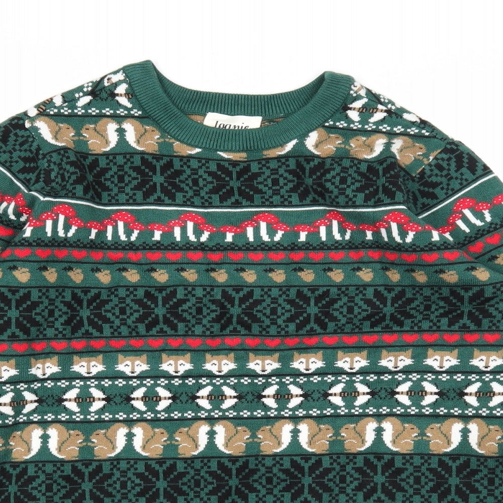 Joanie Mens Green Round Neck Fair Isle Modal Pullover Jumper Size S Long Sleeve - Woodland Animal Print