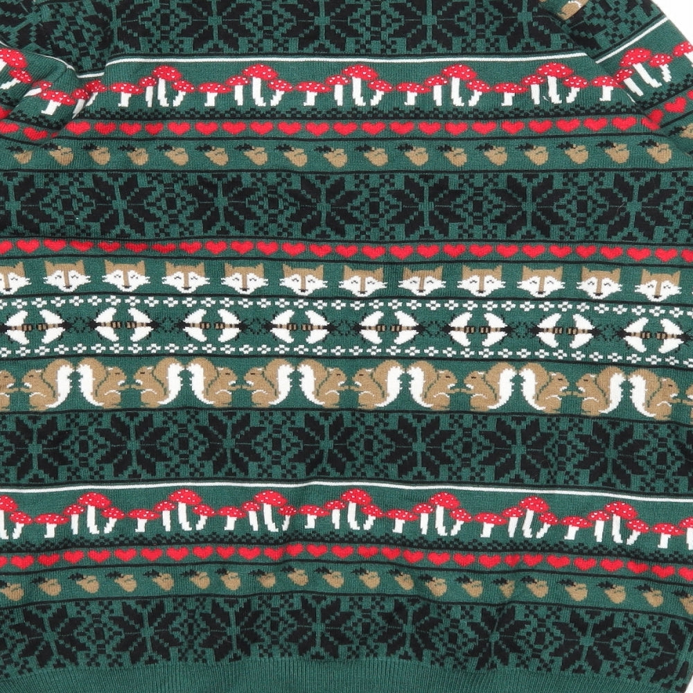 Joanie Mens Green Round Neck Fair Isle Modal Pullover Jumper Size S Long Sleeve - Woodland Animal Print