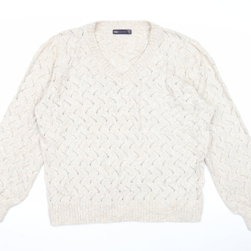 Marks and Spencer Womens Beige V-Neck Polyester Pullover Jumper Size L