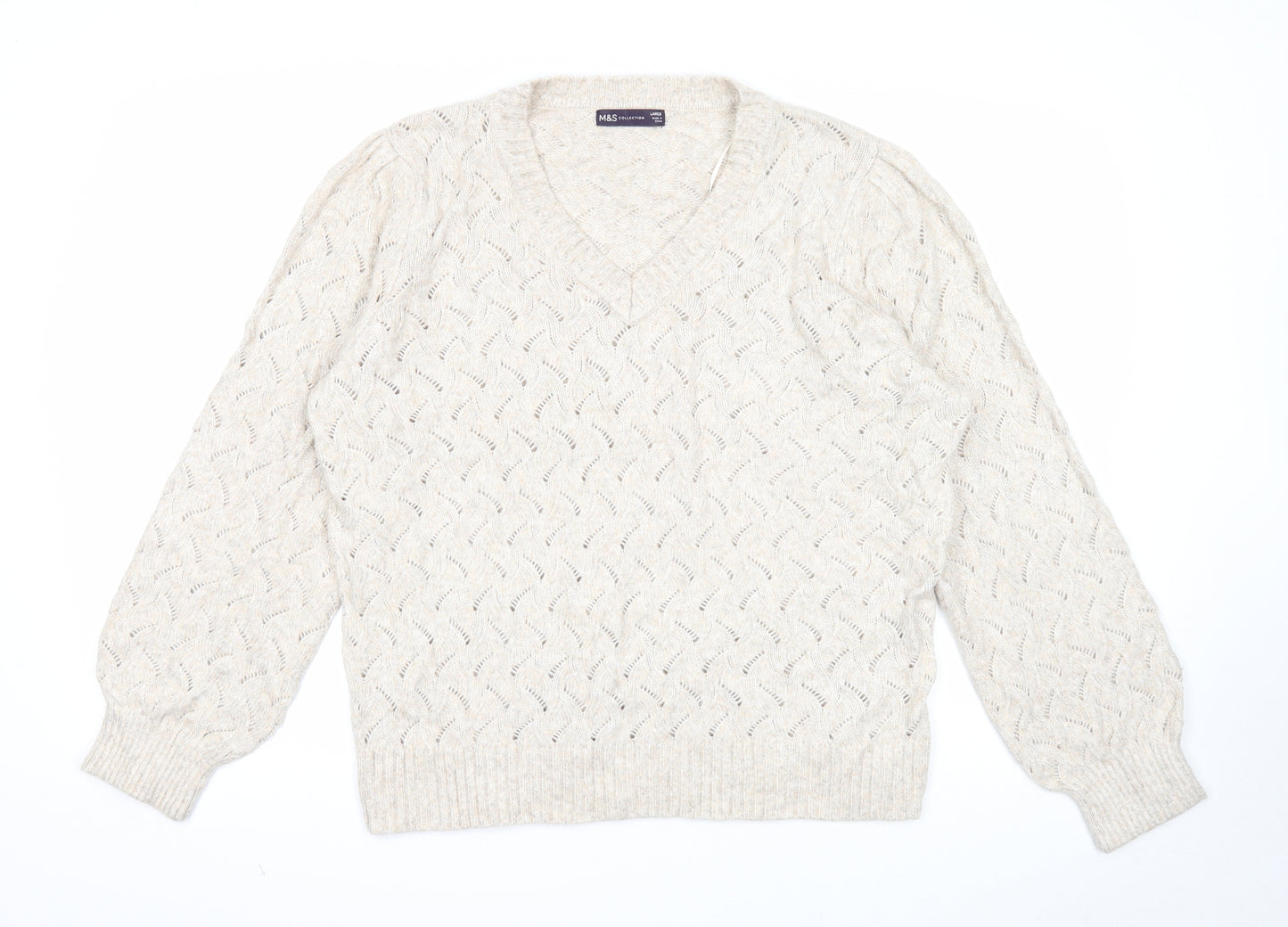 Marks and Spencer Womens Beige V-Neck Polyester Pullover Jumper Size L