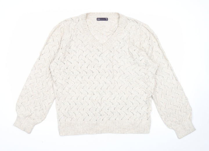 Marks and Spencer Womens Beige V-Neck Polyester Pullover Jumper Size L