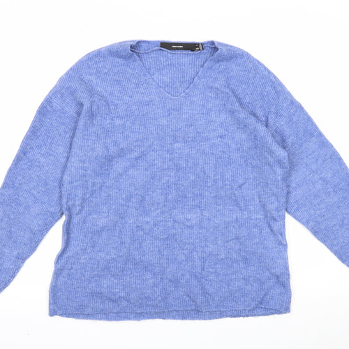 VERO MODA Womens Blue V-Neck Acrylic Pullover Jumper Size S