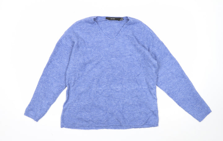 VERO MODA Womens Blue V-Neck Acrylic Pullover Jumper Size S
