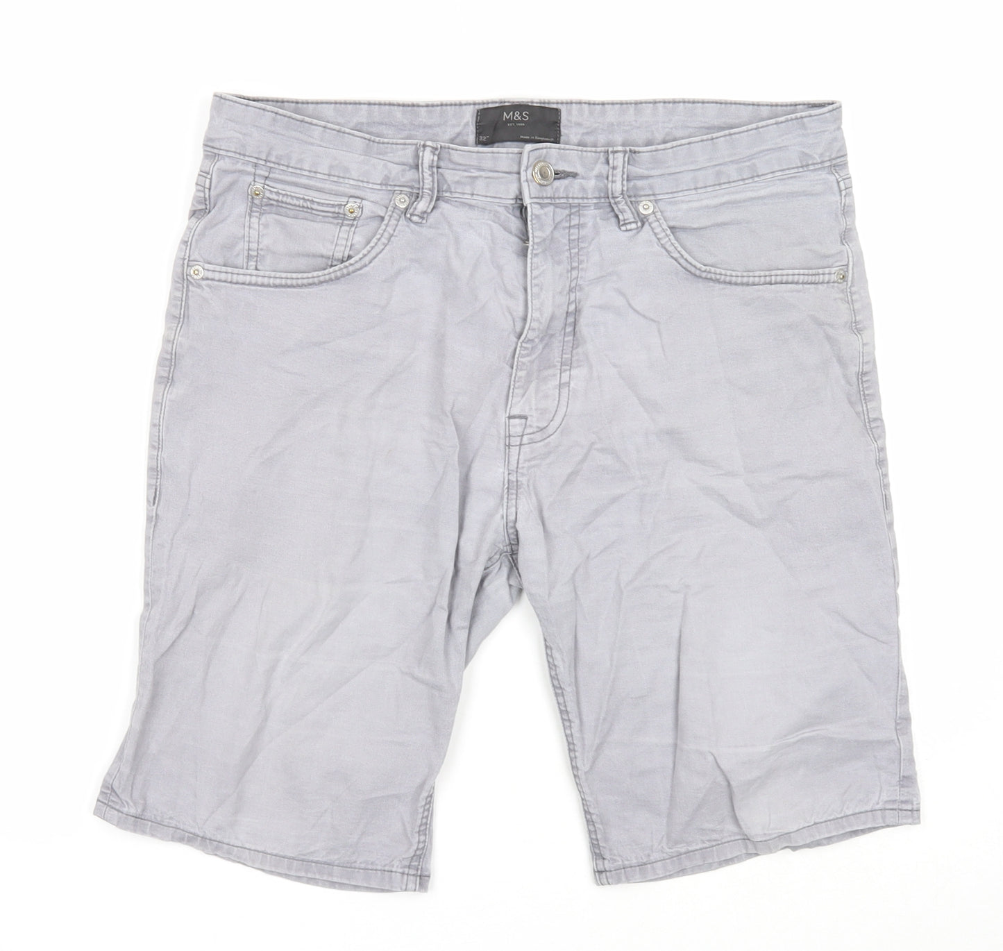 Marks and Spencer Mens Grey Cotton Chino Shorts Size 32 in Regular Zip