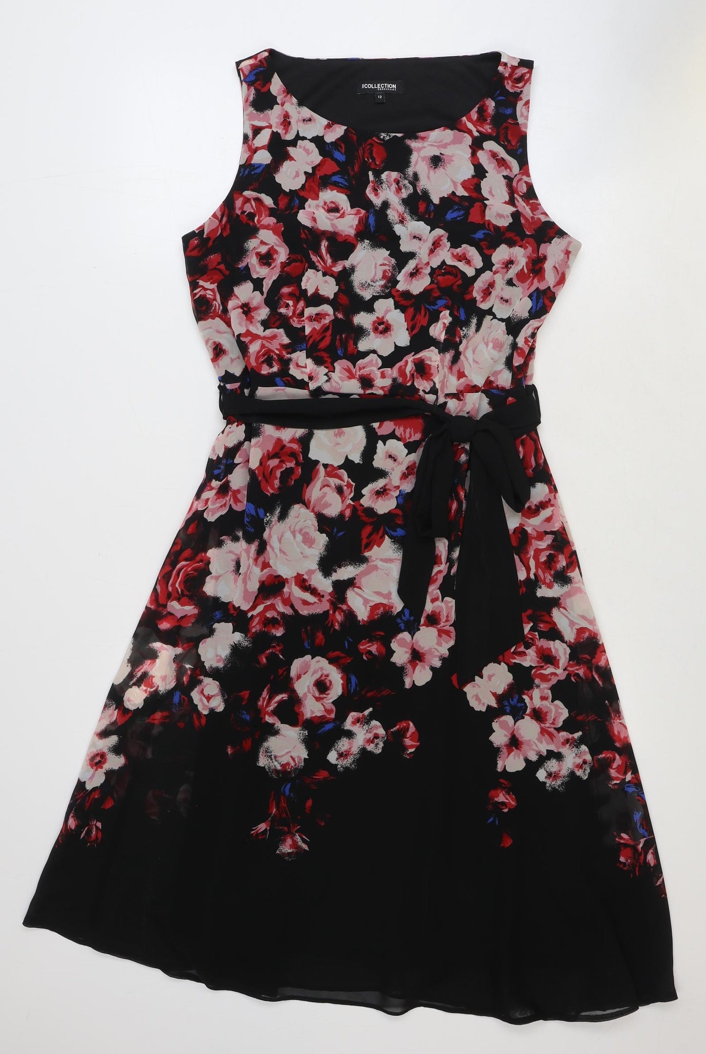 Debenhams Womens Black Floral Polyester Fit & Flare Size 12 Boat Neck Zip