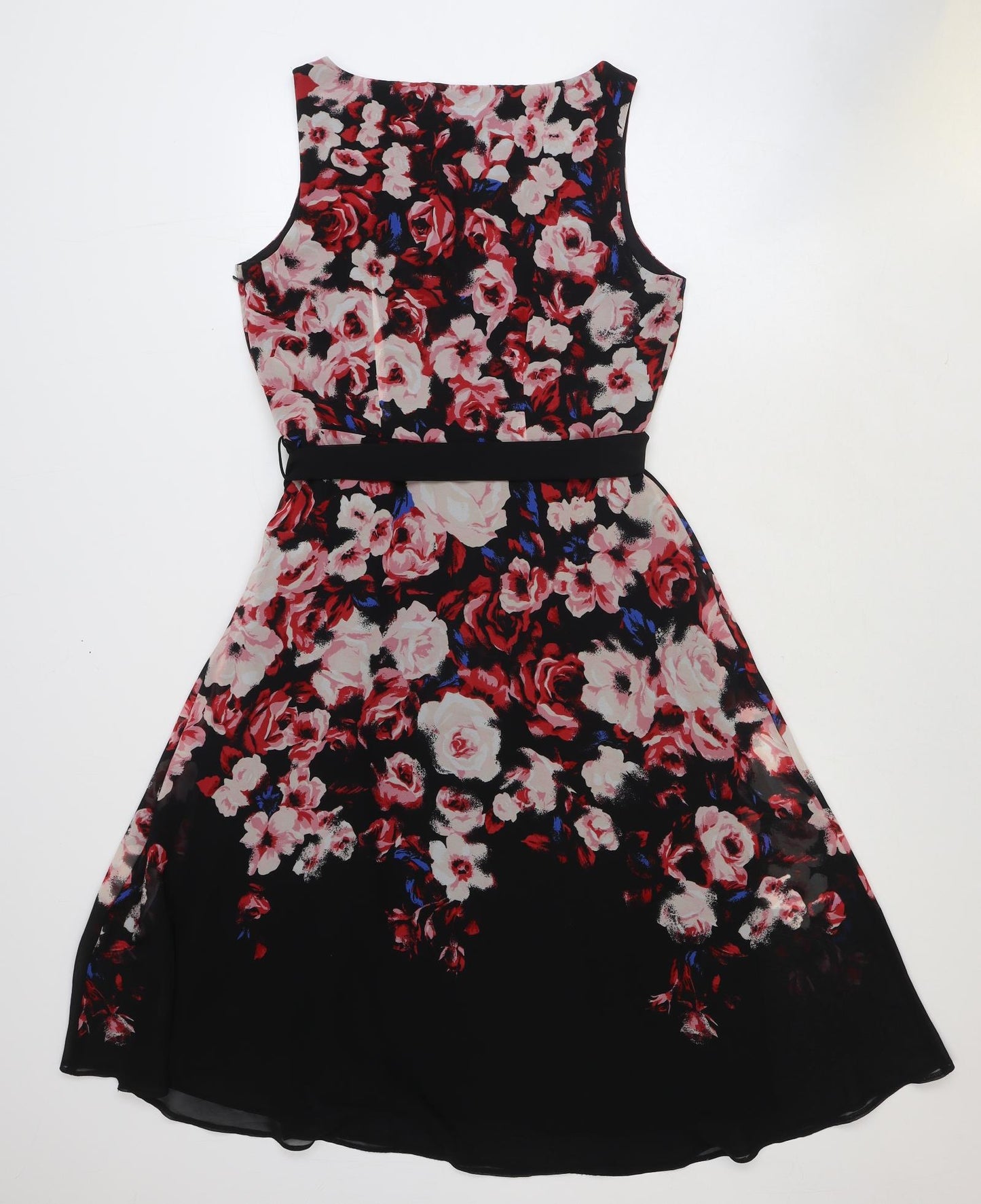 Debenhams Womens Black Floral Polyester Fit & Flare Size 12 Boat Neck Zip