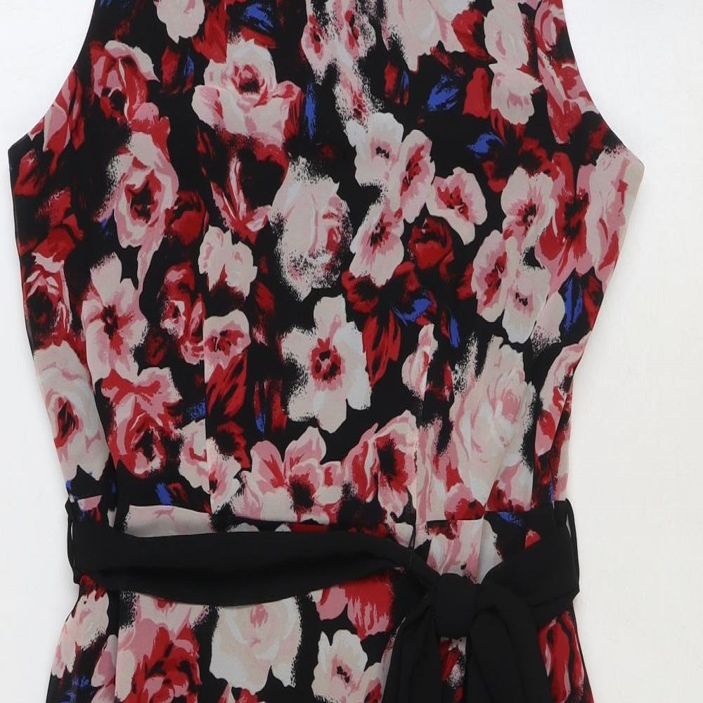 Debenhams Womens Black Floral Polyester Fit & Flare Size 12 Boat Neck Zip