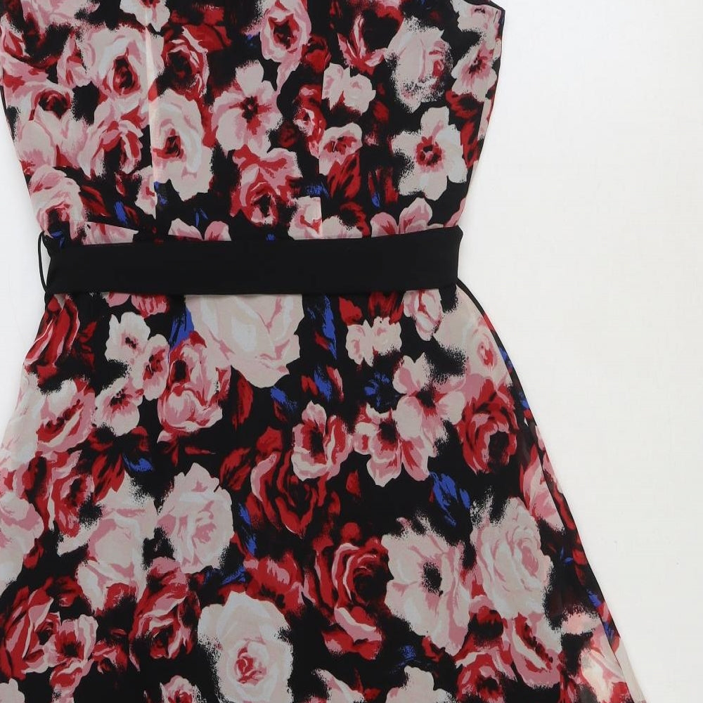 Debenhams Womens Black Floral Polyester Fit & Flare Size 12 Boat Neck Zip
