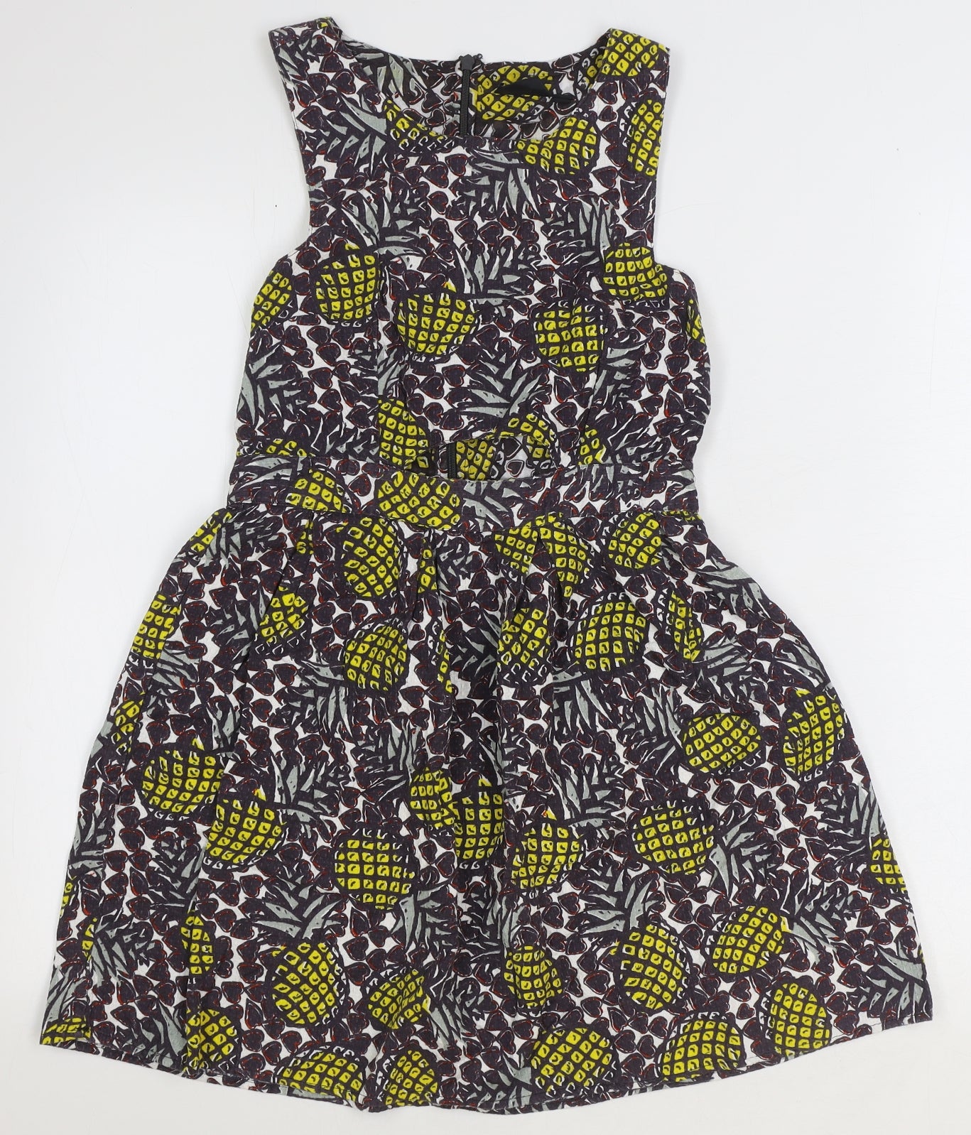 Topshop Womens Brown Geometric 100% Cotton Mini Size 10 Boat Neck Zip - Pineapple Print