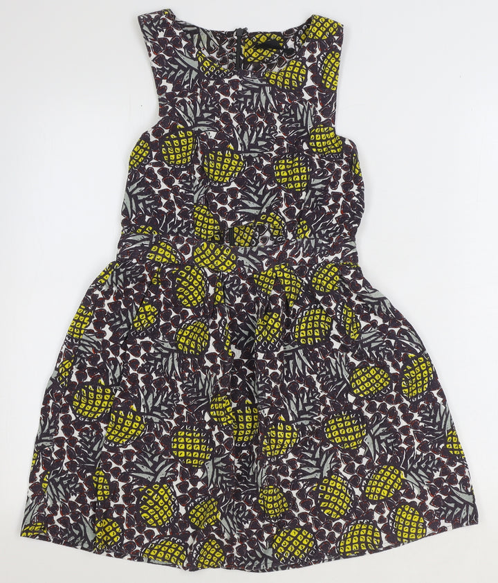 Topshop Womens Brown Geometric 100% Cotton Mini Size 10 Boat Neck Zip - Pineapple Print
