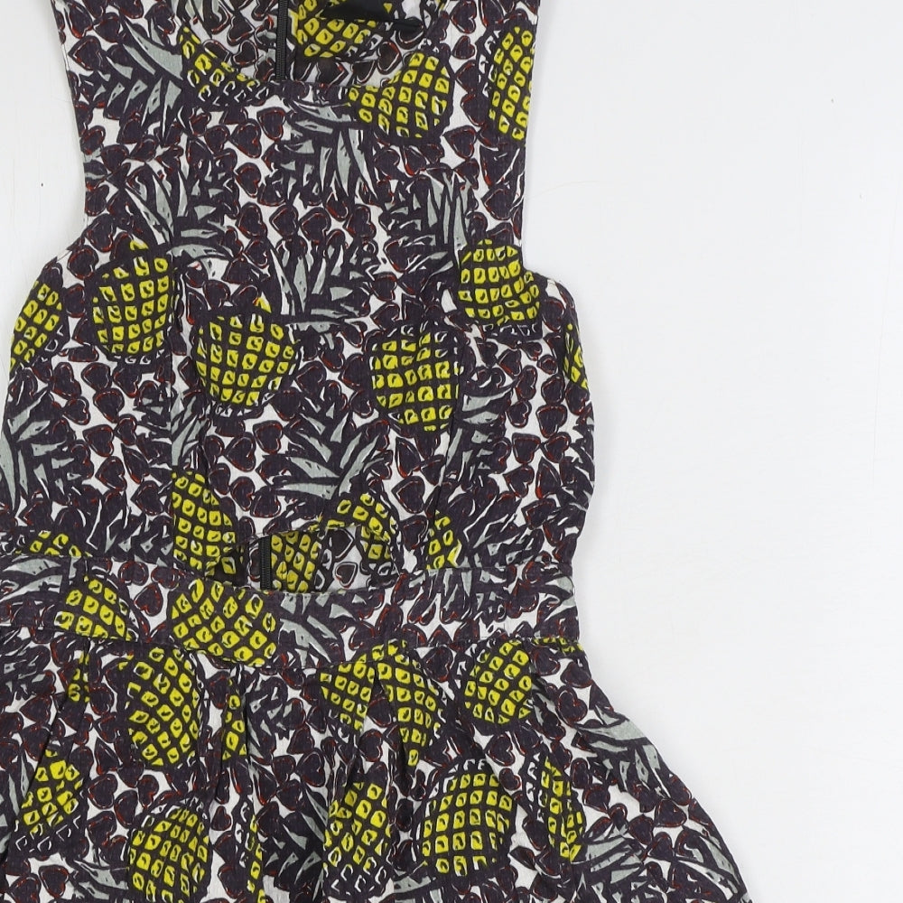 Topshop Womens Brown Geometric 100% Cotton Mini Size 10 Boat Neck Zip - Pineapple Print