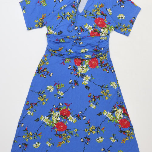 TU Womens Blue Floral Viscose A-Line Size 8 Boat Neck Tie