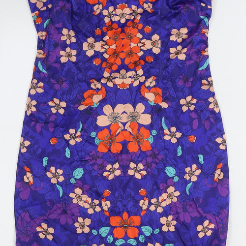 F&F Womens Blue Floral Polyester Pencil Dress Size 10 Boat Neck Zip
