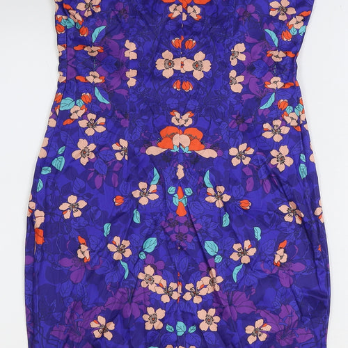 F&F Womens Blue Floral Polyester Pencil Dress Size 10 Boat Neck Zip