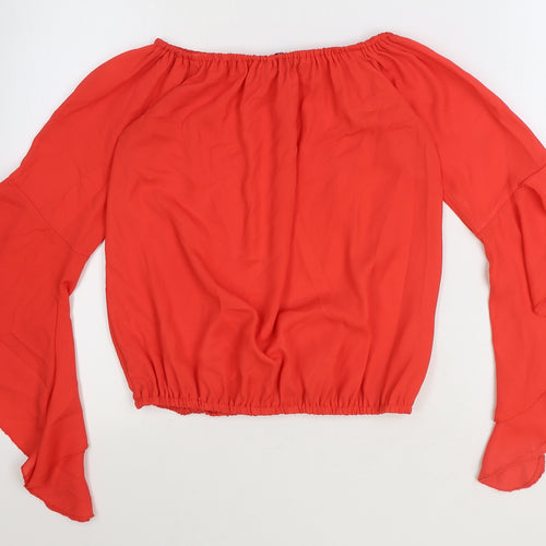 Boohoo Womens Red Polyester Cropped Blouse Size 8 Boat Neck - Flute Sleeve