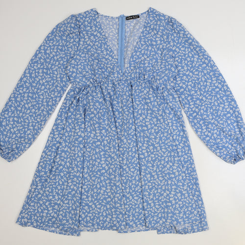 SheIn Womens Blue Geometric Polyester A-Line Size M V-Neck Zip