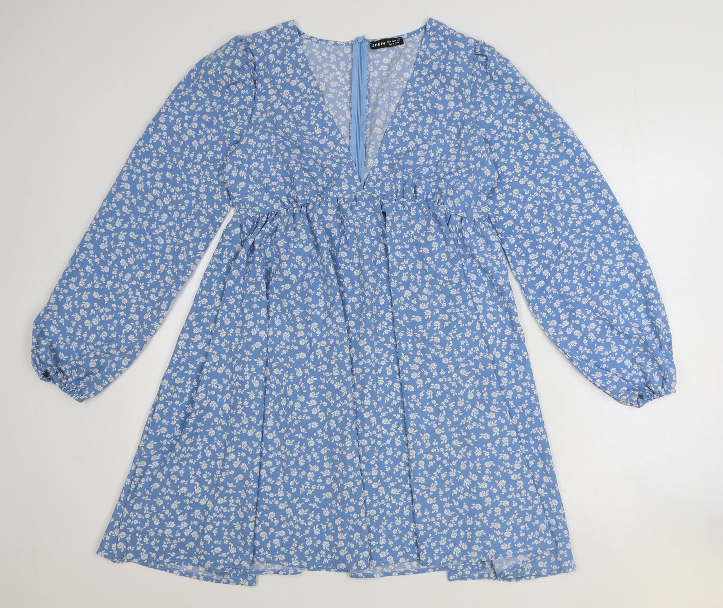 SheIn Womens Blue Geometric Polyester A-Line Size M V-Neck Zip