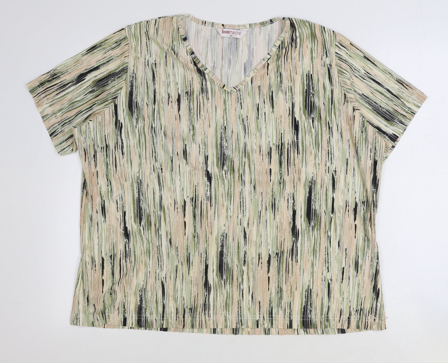Bonmarché Womens Ivory Geometric Polyester Basic T-Shirt Size XL V-Neck
