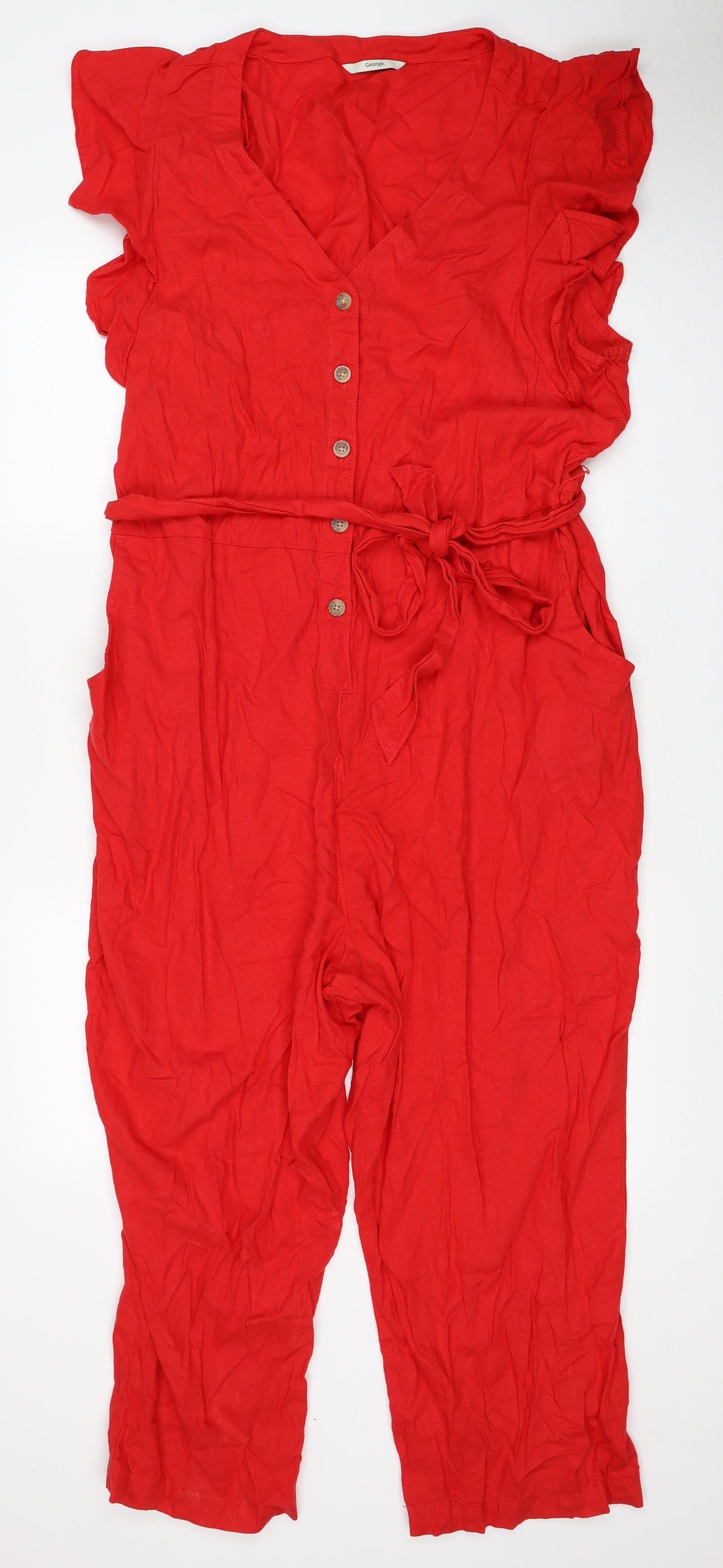 George Womens Red Linen Jumpsuit One-Piece Size 20 Button