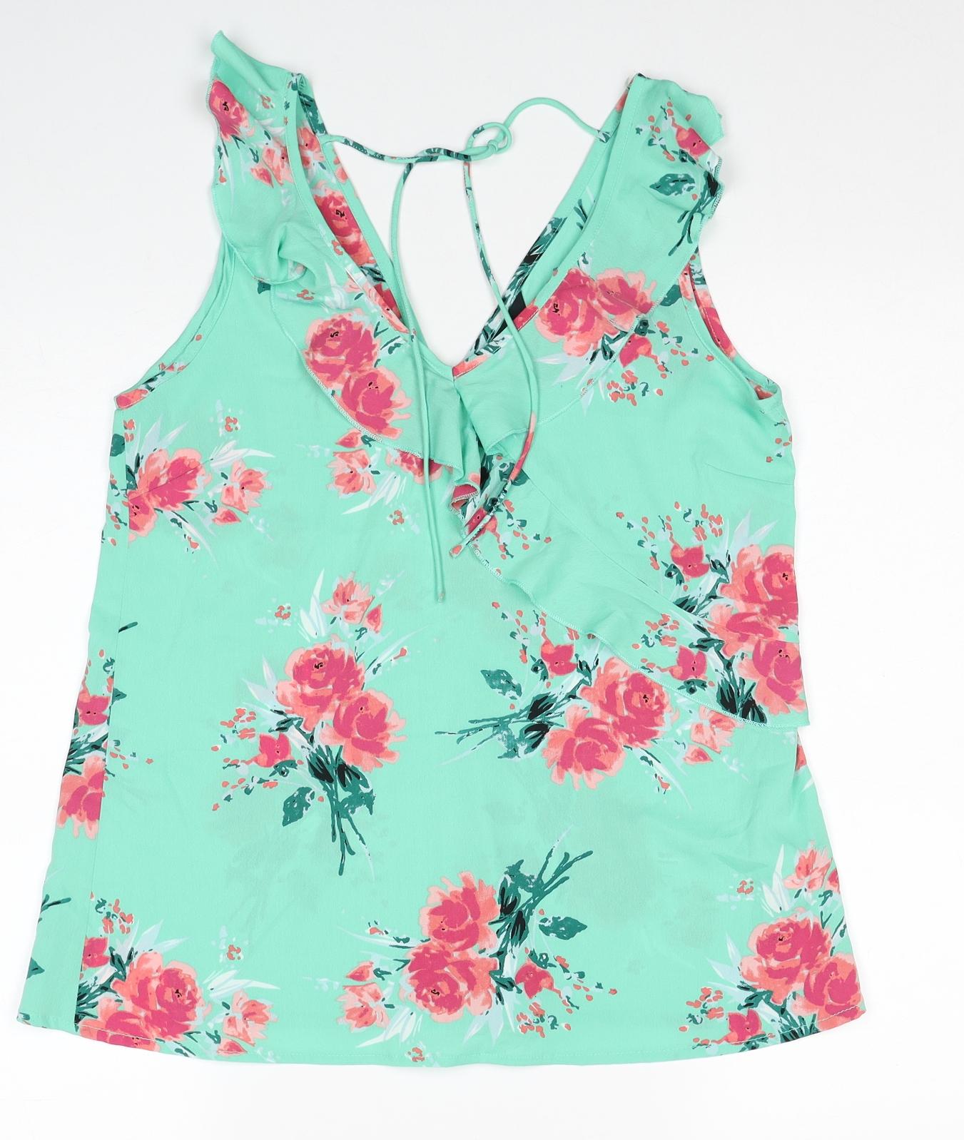 Beyou Womens Green Floral Polyester Basic Tank Size 12 V-Neck - Size 12-14