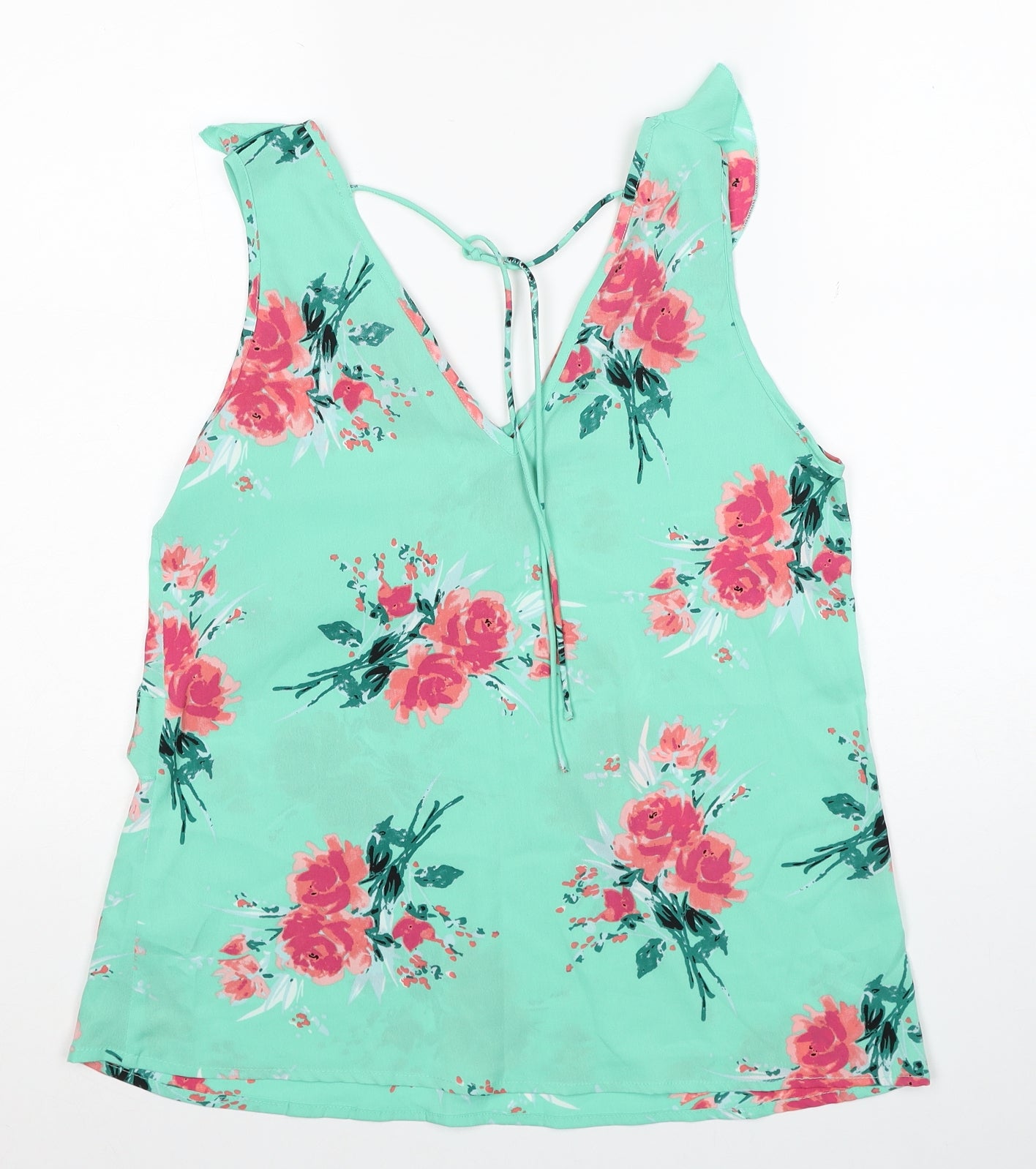 Beyou Womens Green Floral Polyester Basic Tank Size 12 V-Neck - Size 12-14