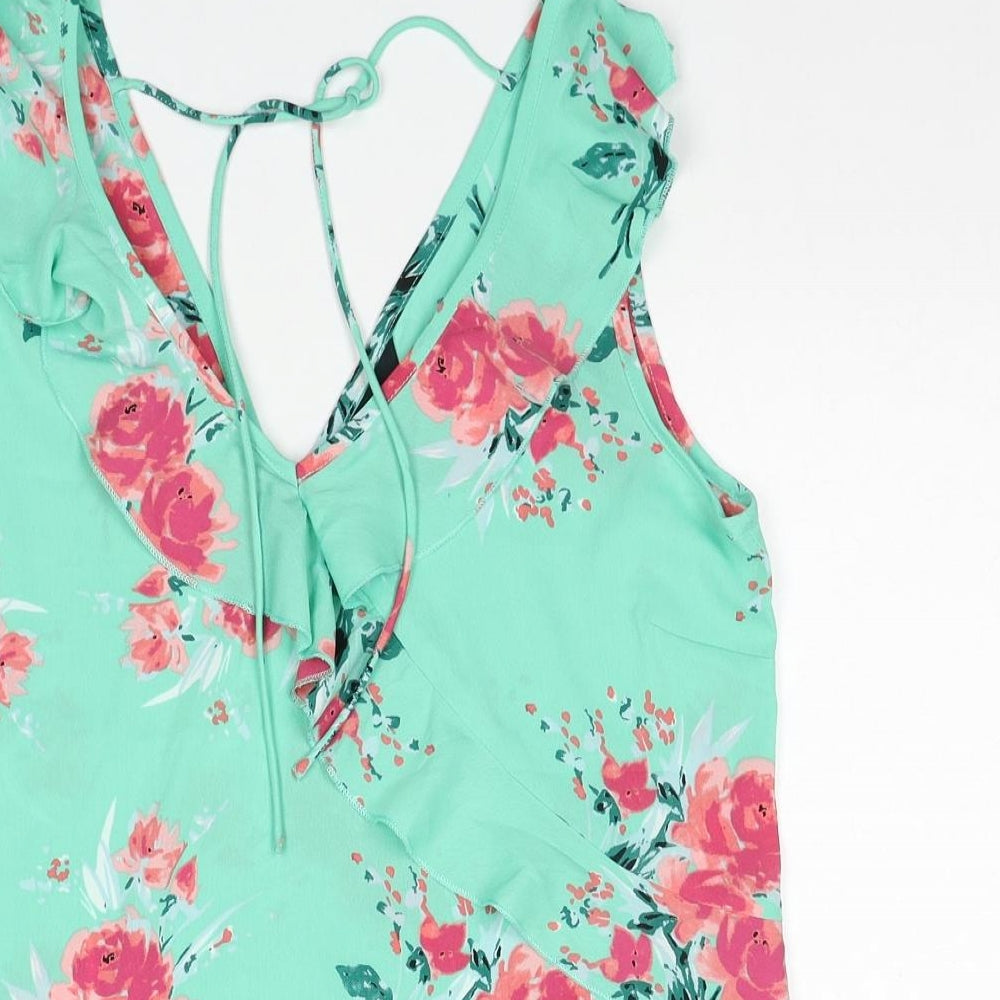 Beyou Womens Green Floral Polyester Basic Tank Size 12 V-Neck - Size 12-14