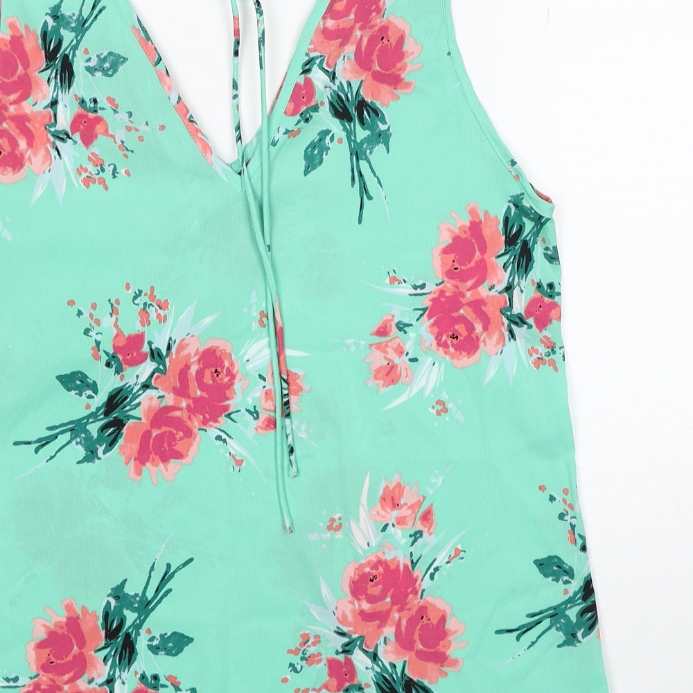 Beyou Womens Green Floral Polyester Basic Tank Size 12 V-Neck - Size 12-14