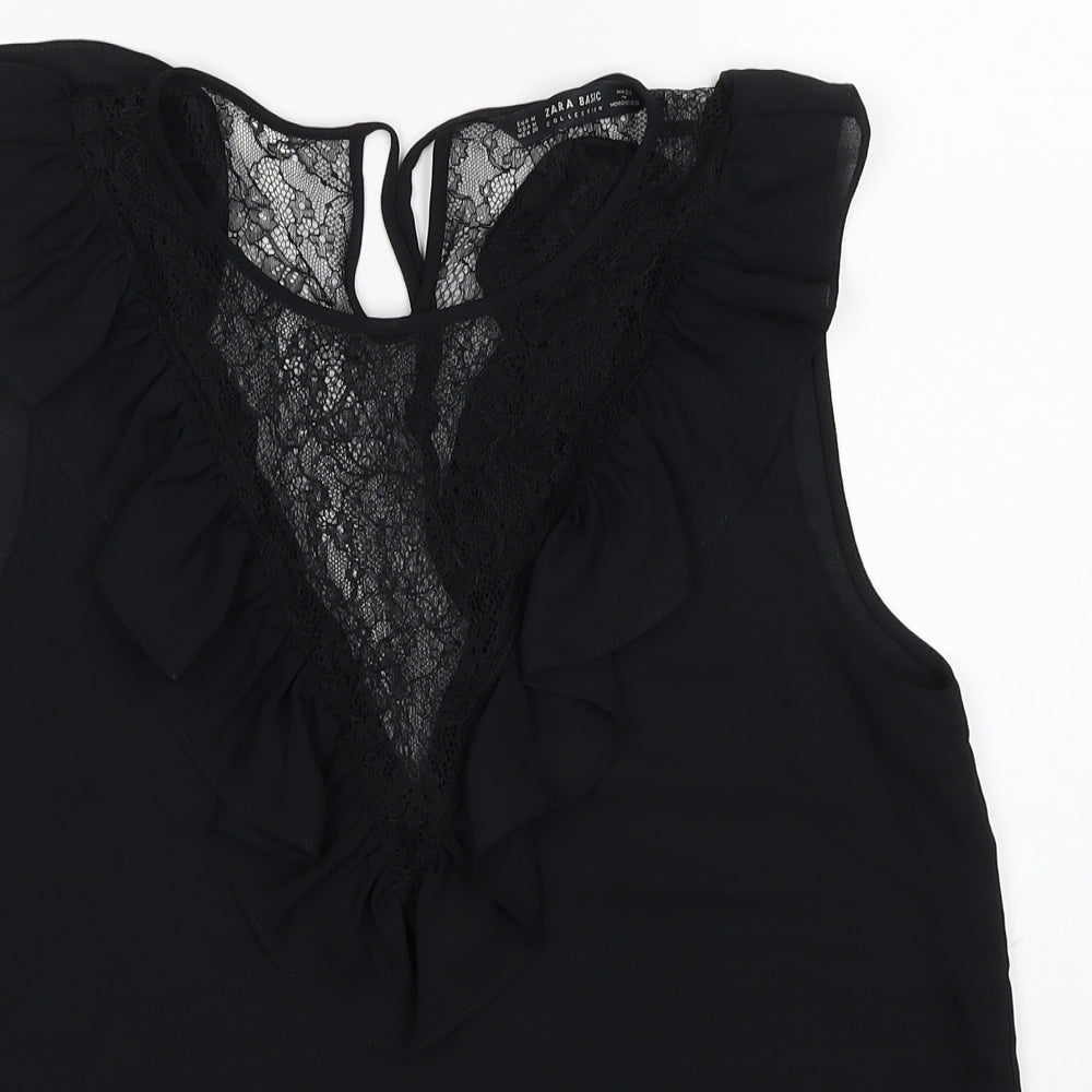 Zara Womens Black Polyester Basic Blouse Size M Scoop Neck
