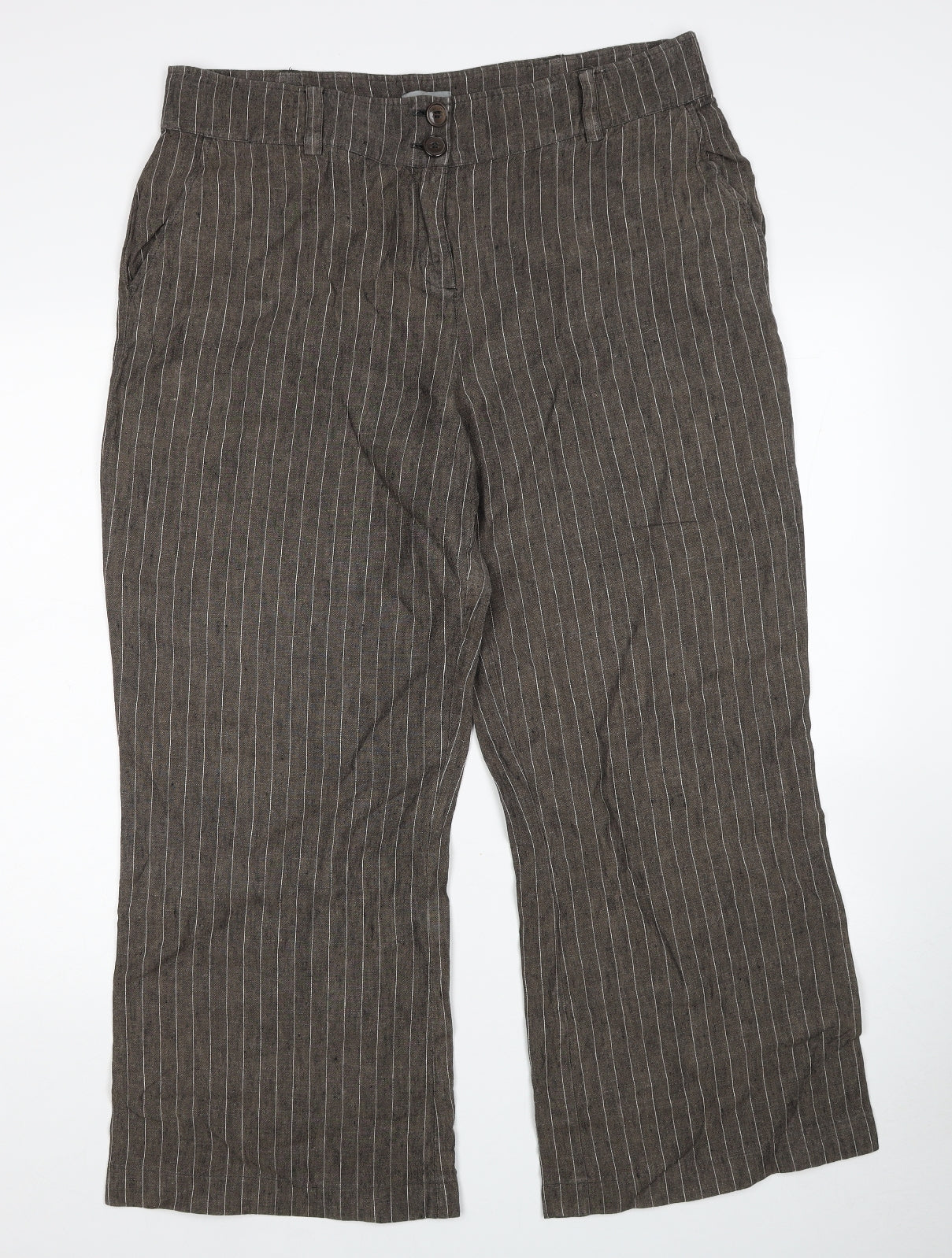 Per Una Womens Brown Striped Linen Trousers Size 18 Regular Zip