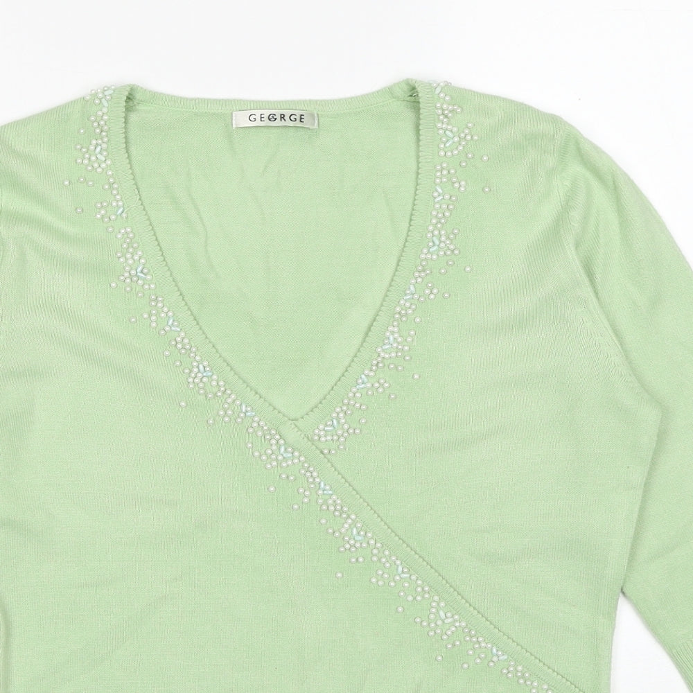 George Womens Green Acrylic Basic T-Shirt Size 12 V-Neck