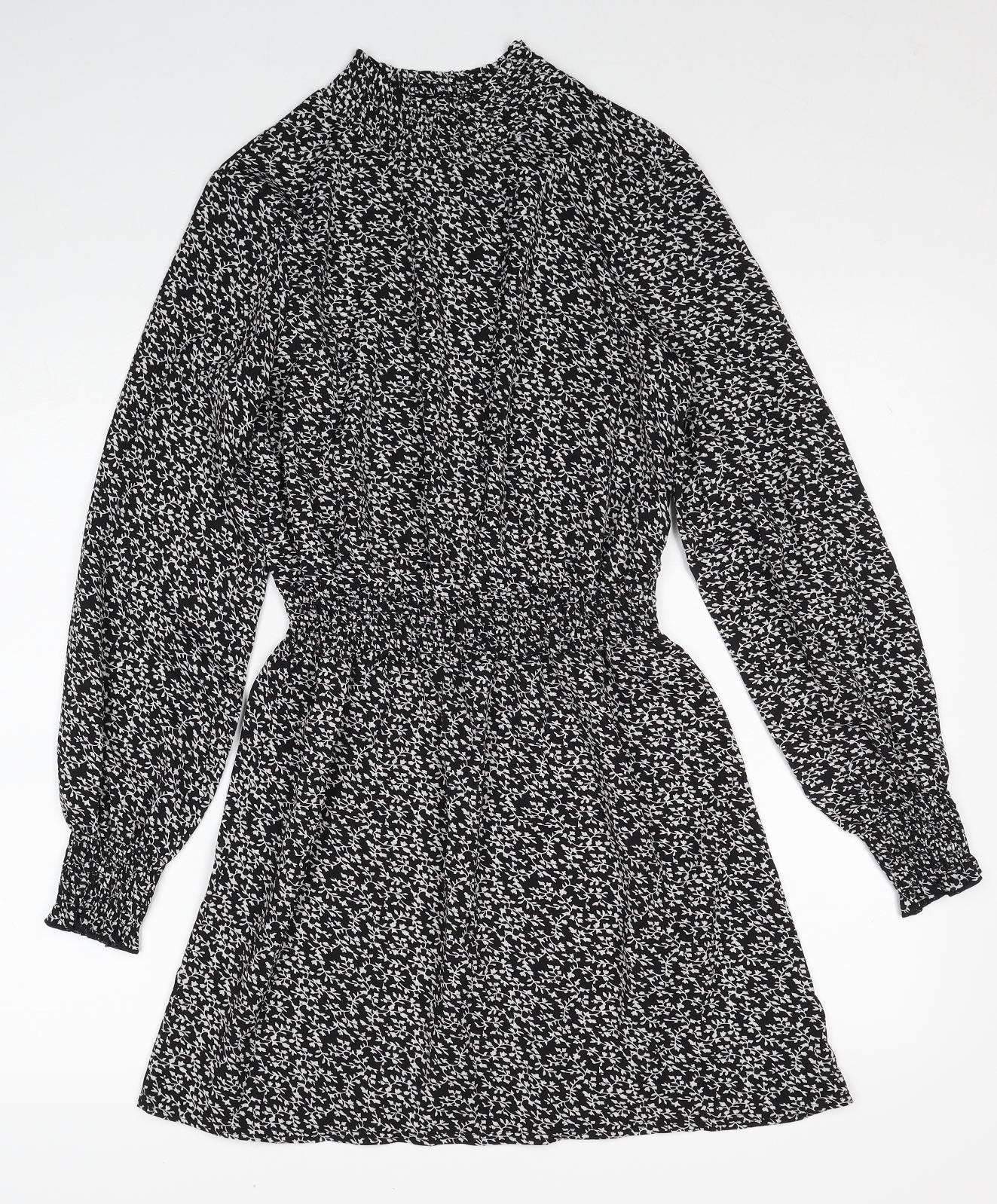 New Look Womens Black Floral Polyester Fit & Flare Size 6 Mock Neck Pullover - Shirred Waist
