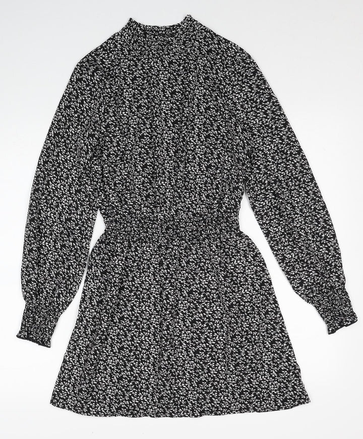 New Look Womens Black Floral Polyester Fit & Flare Size 6 Mock Neck Pullover - Shirred Waist