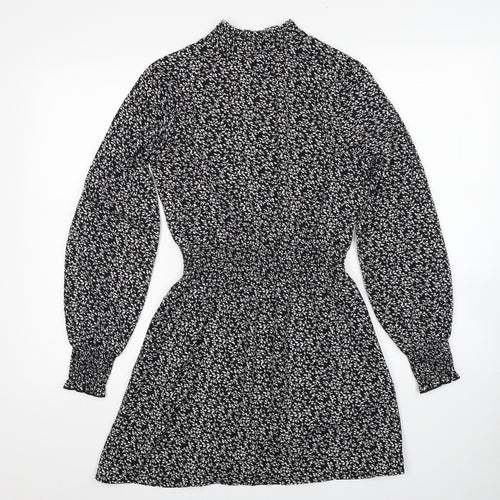 New Look Womens Black Floral Polyester Fit & Flare Size 6 Mock Neck Pullover - Shirred Waist