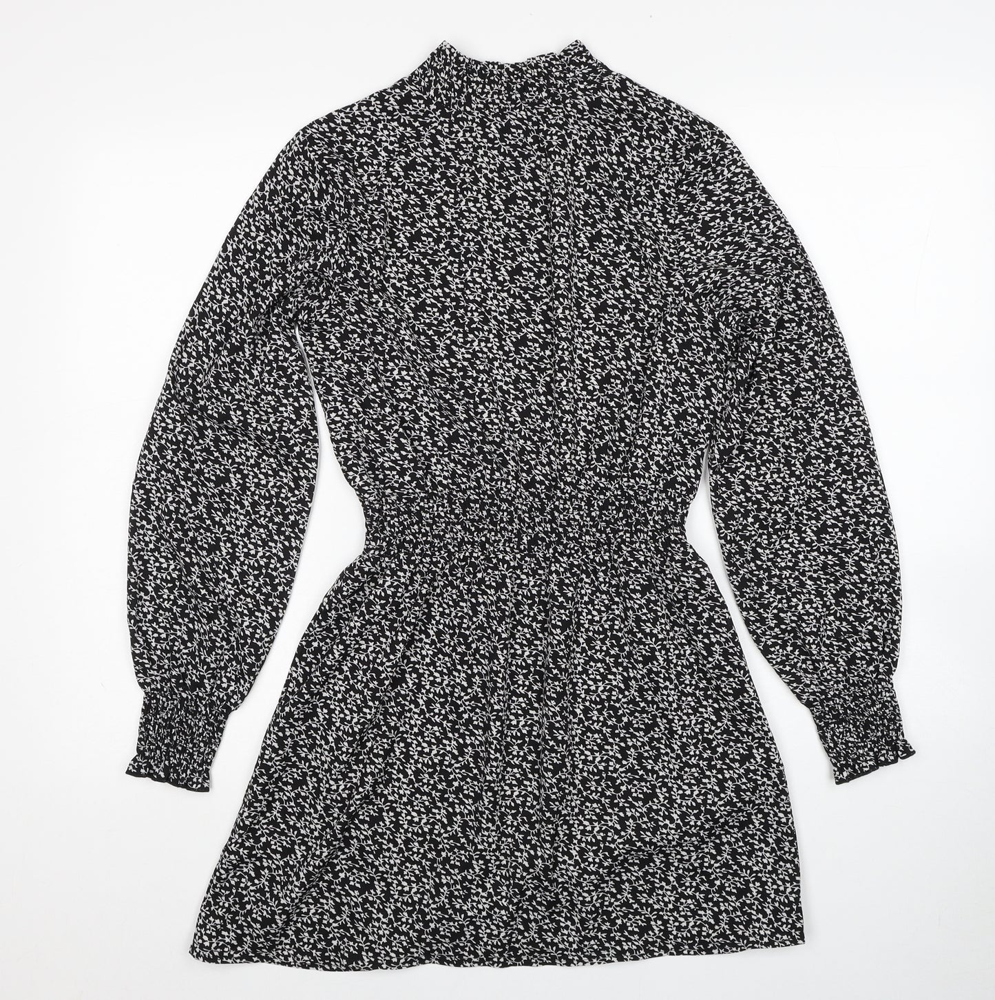 New Look Womens Black Floral Polyester Fit & Flare Size 6 Mock Neck Pullover - Shirred Waist