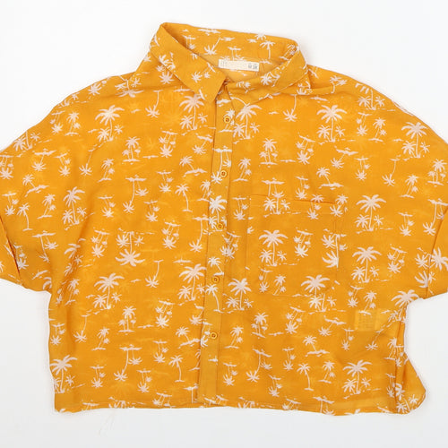 Lift Womens Yellow Geometric Polyester Cropped Button-Up Size M Collared - Palm Tree Print
