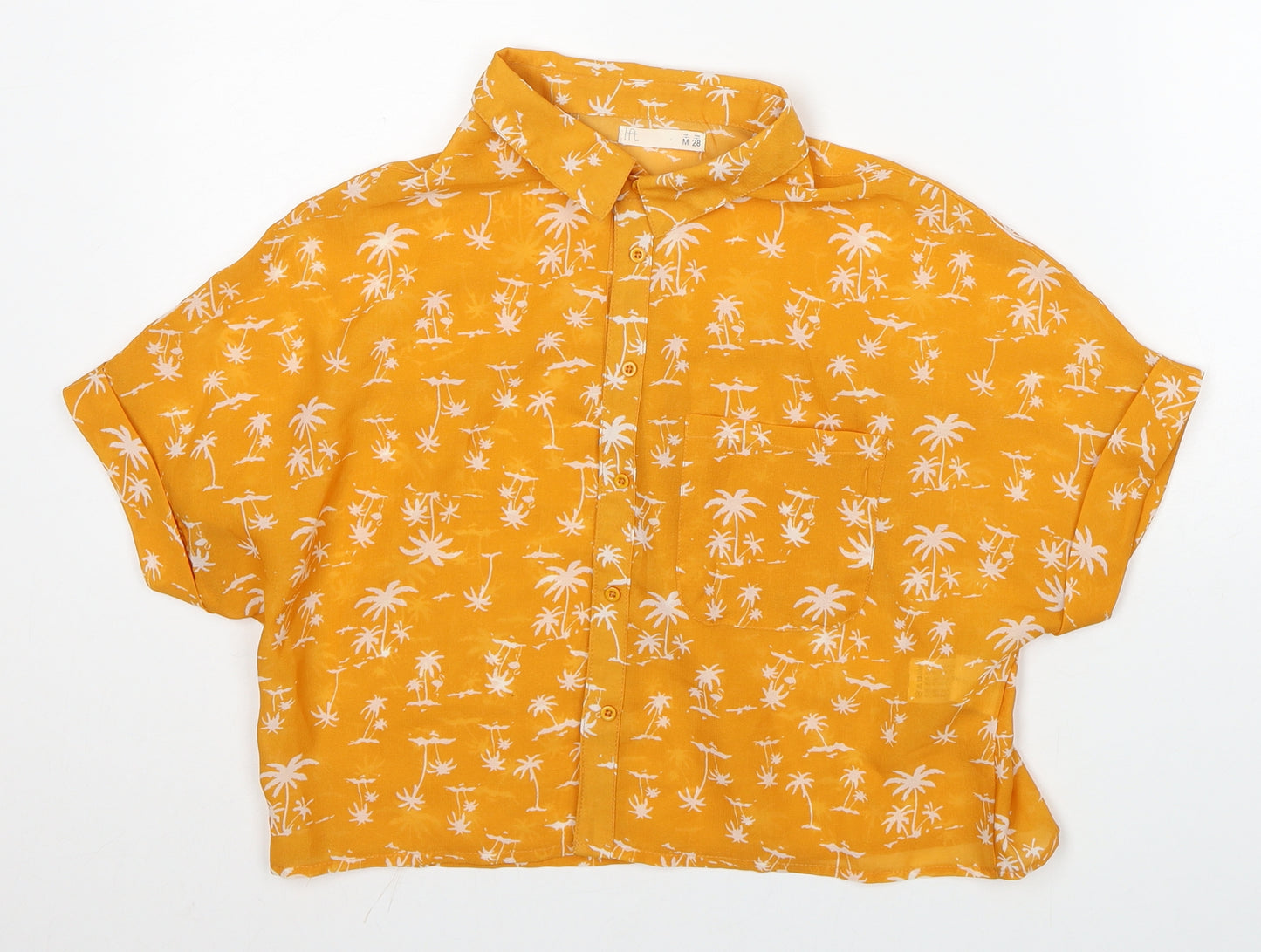 Lift Womens Yellow Geometric Polyester Cropped Button-Up Size M Collared - Palm Tree Print