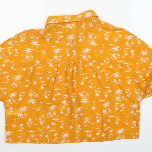 Lift Womens Yellow Geometric Polyester Cropped Button-Up Size M Collared - Palm Tree Print