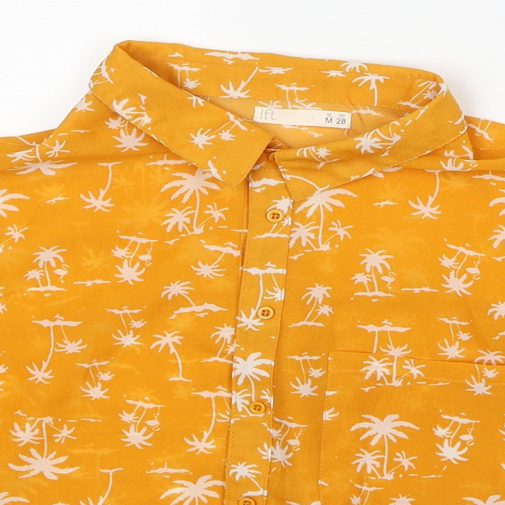 Lift Womens Yellow Geometric Polyester Cropped Button-Up Size M Collared - Palm Tree Print