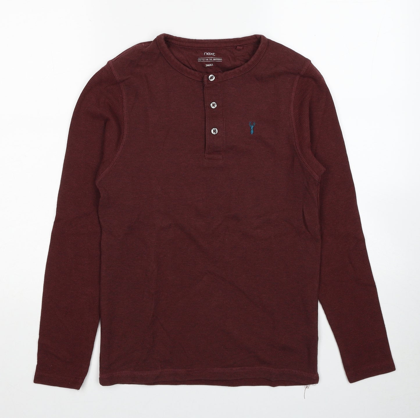 NEXT Mens Red Round Neck Cotton Henley Jumper Size S Long Sleeve