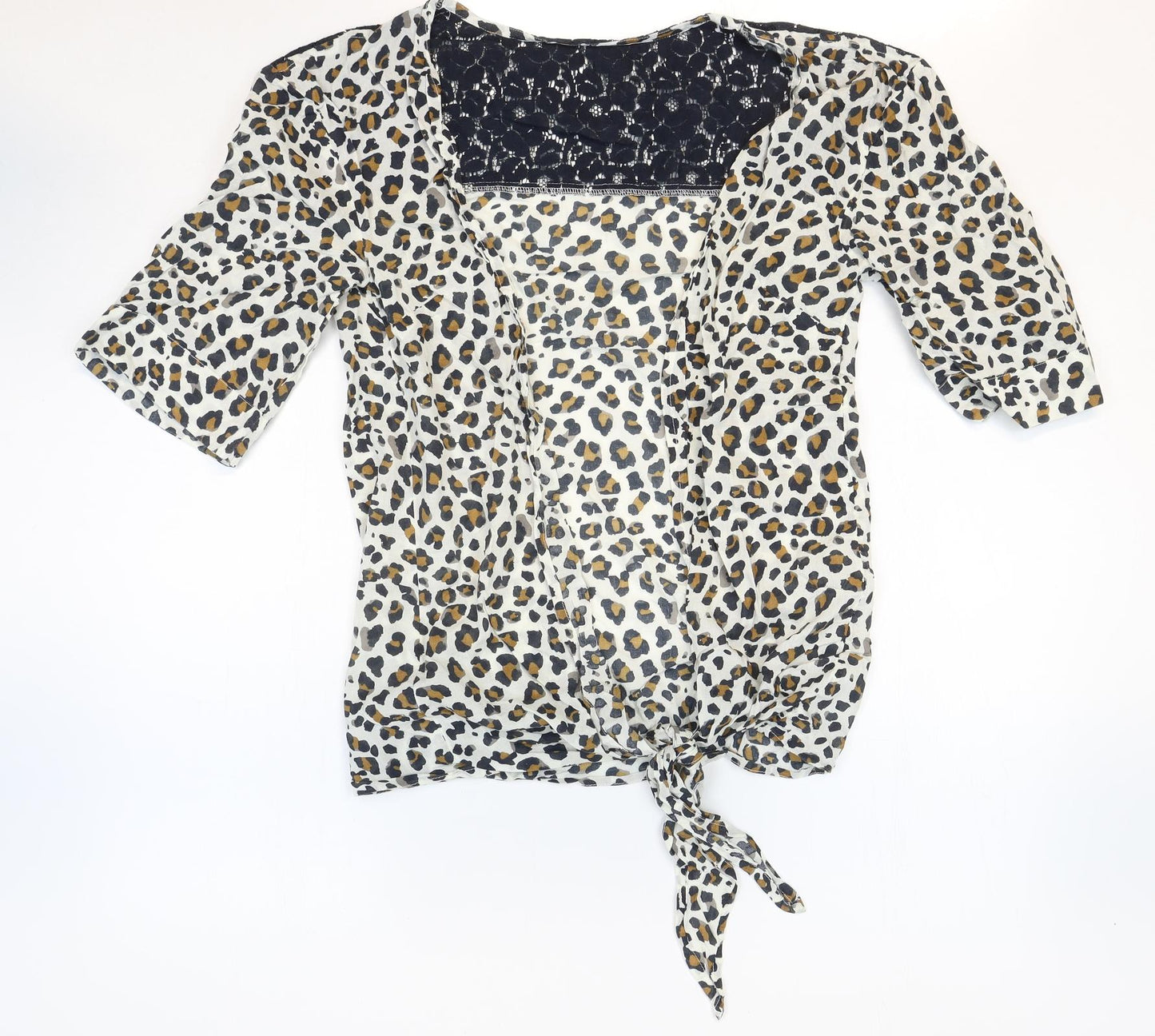 Little Mistress Womens Multicoloured Animal Print Viscose Kimono Blouse Size 10 V-Neck - Leopard Print Lace Detail