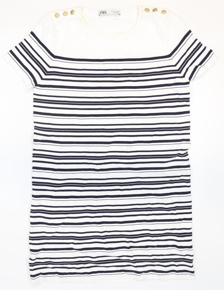 Zara Womens White Striped Polyamide T-Shirt Dress Size S Round Neck Pullover