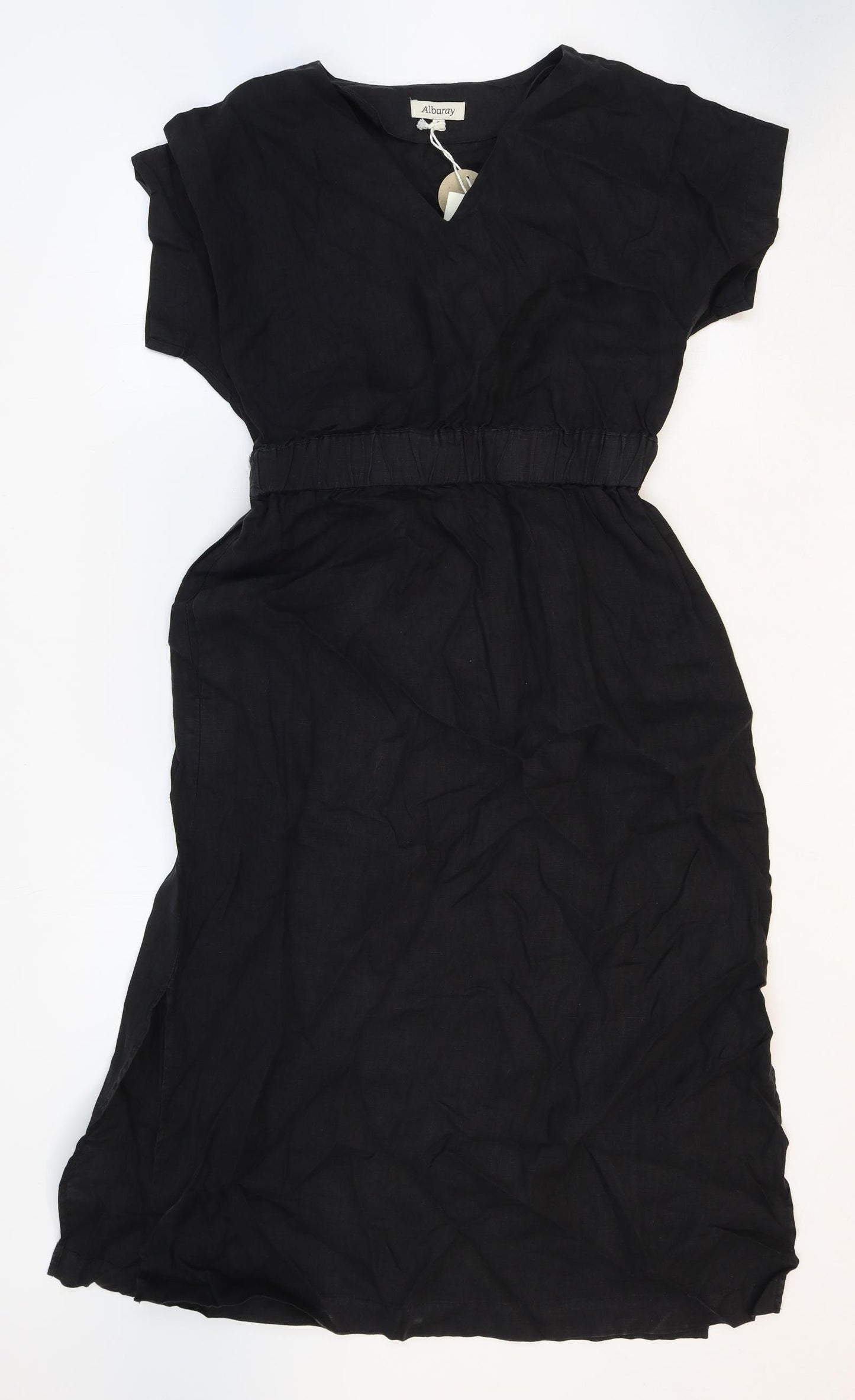 Albaray Womens Black Linen A-Line Size 8 V-Neck Pullover - Elastic Waist