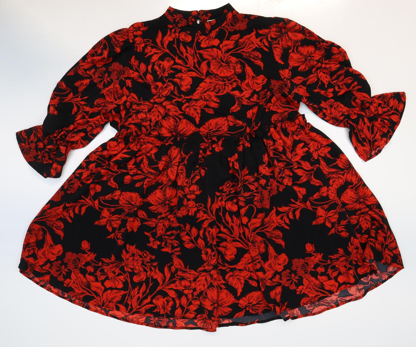 In the Style Womens Red Floral Polyester Trapeze & Swing Size 16 Mock Neck Button