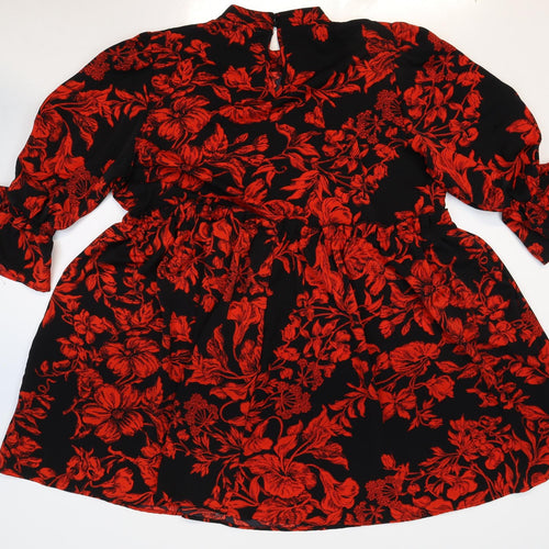 In the Style Womens Red Floral Polyester Trapeze & Swing Size 16 Mock Neck Button