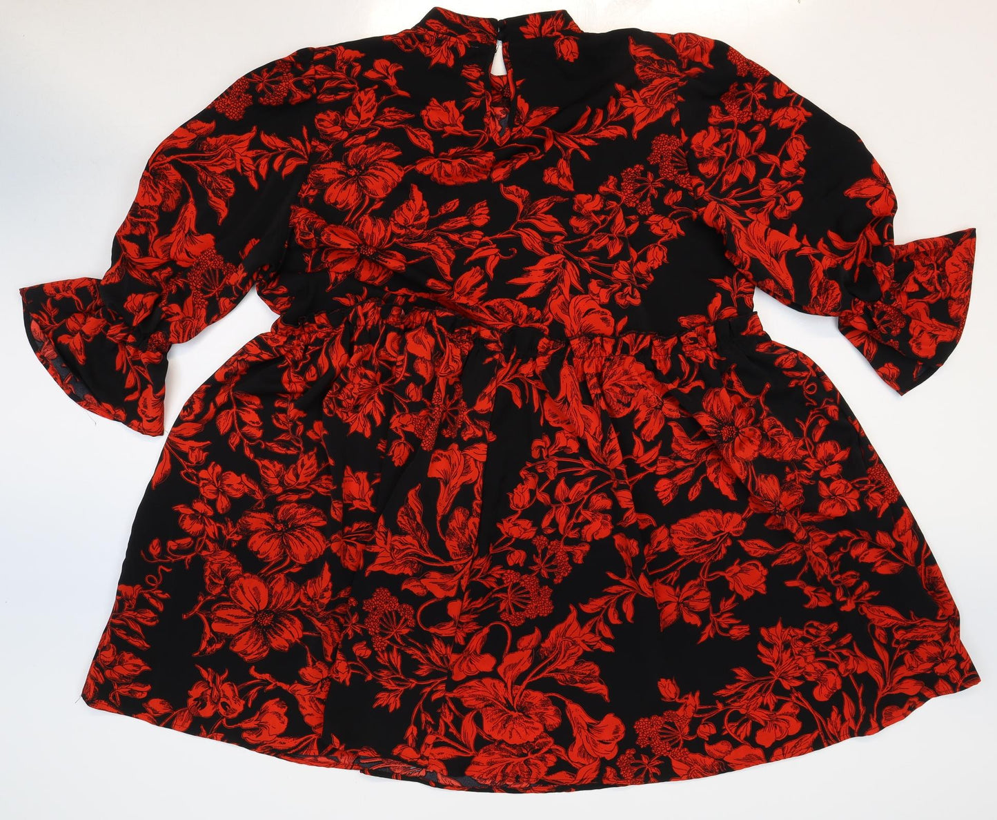 In the Style Womens Red Floral Polyester Trapeze & Swing Size 16 Mock Neck Button