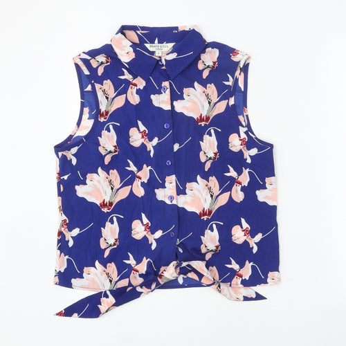 Brave Soul Womens Blue Floral Polyester Basic Button-Up Size S Collared - Knot Front